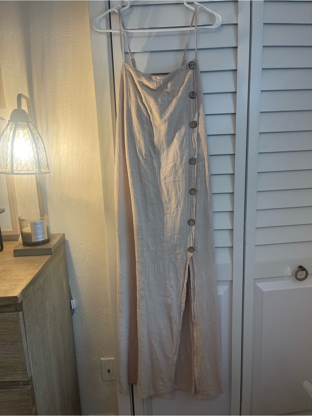 Beige Maxi Slip Dress with Side Button Detail